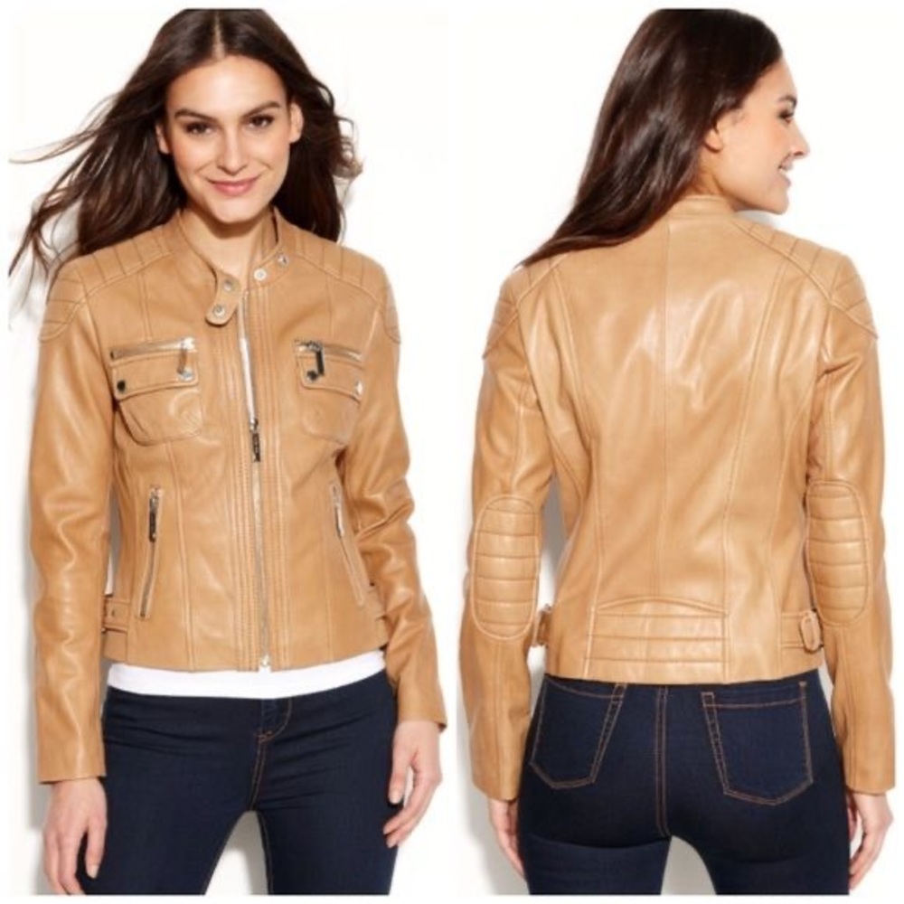 Michael Kors Buttery Leather Zip Front Beige Motto Jacket Cafe Racer